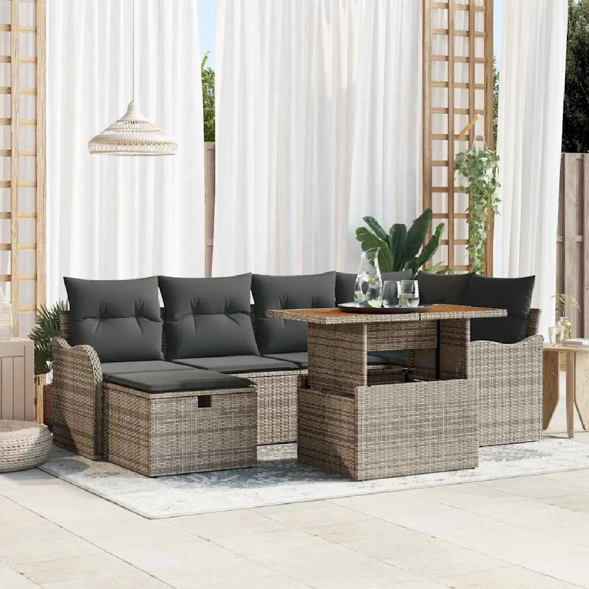 Set de canapé de jardin 7 pièces avec coussins en poly rotin Canapé de jardin 2 places avec rangement et coussins en poly rotin