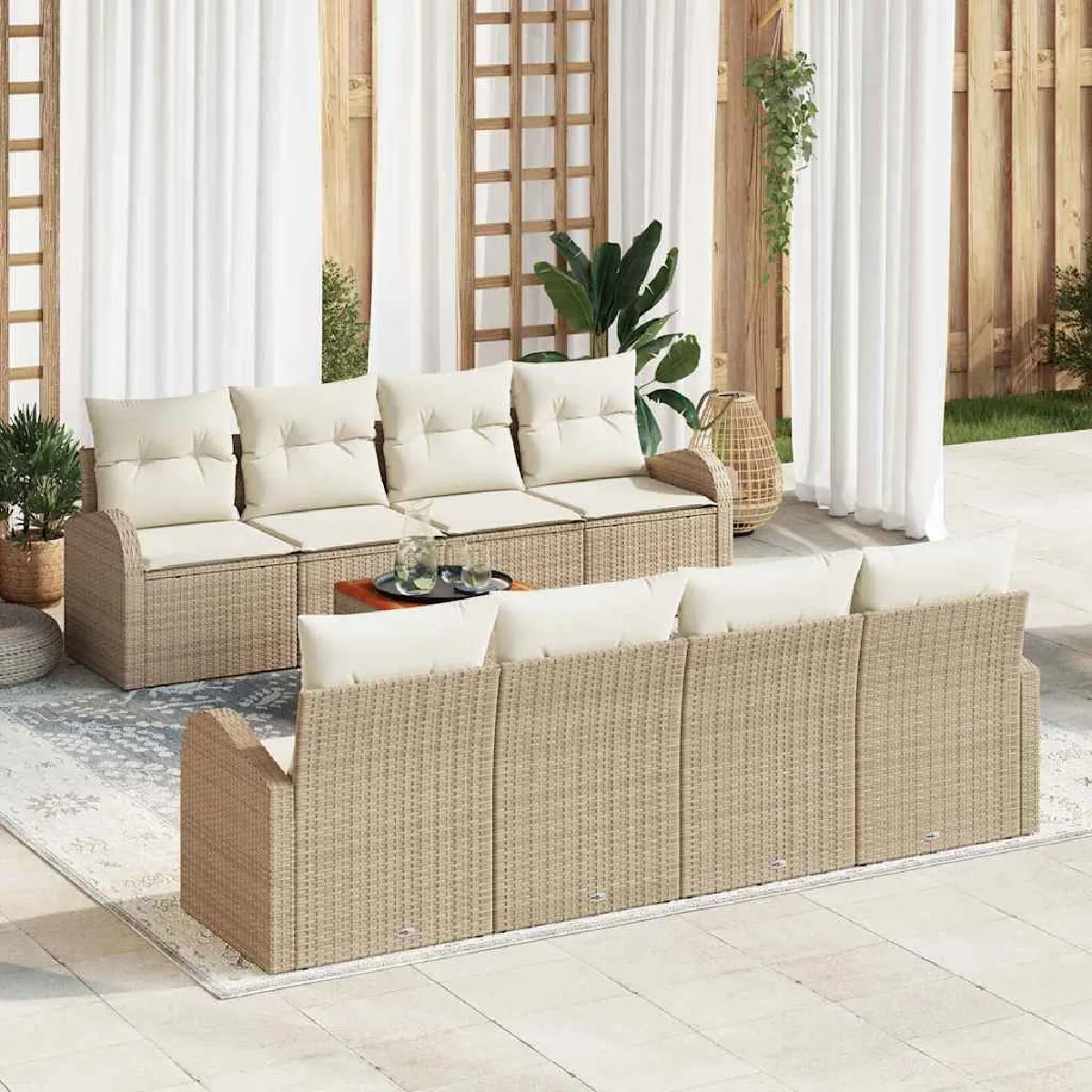 vidaXL Ensemble de canapé de jardin 9 pcs et crème polyrotin - vue 9