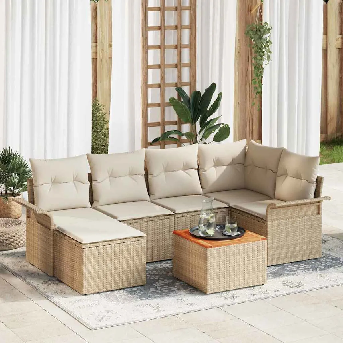 vidaXL Ensemble de canapé de jardin avec coussin 7 pcs et crème - vue 6