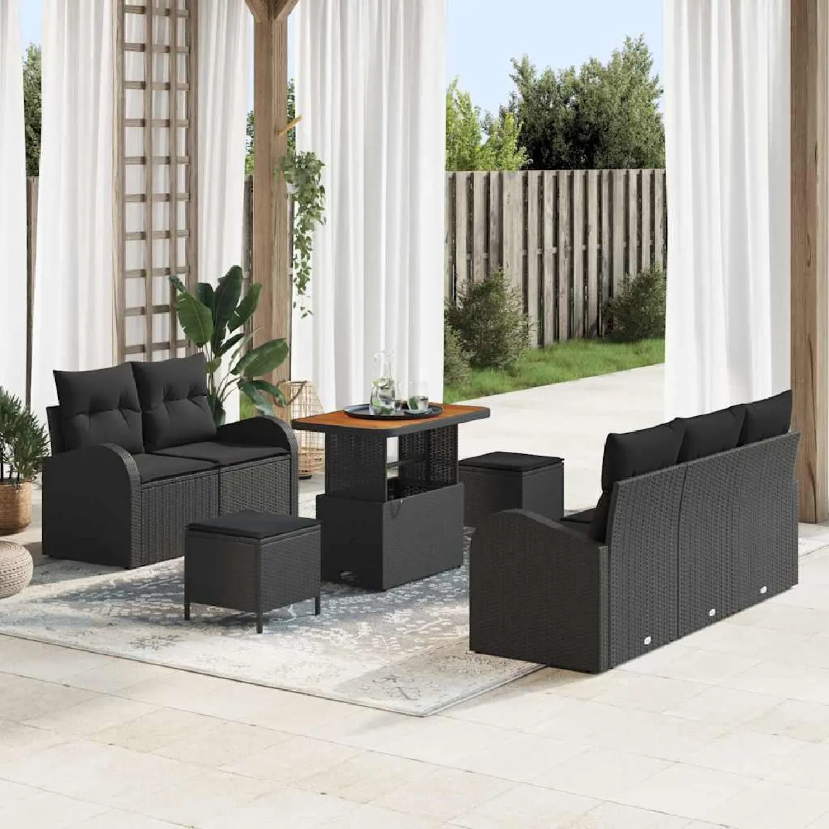 Vidaxl Noir Ensemble De Canapé De Jardin 8 Pièces Avec Coussins Poly Rotin Acacia 3362339 - Image 3
