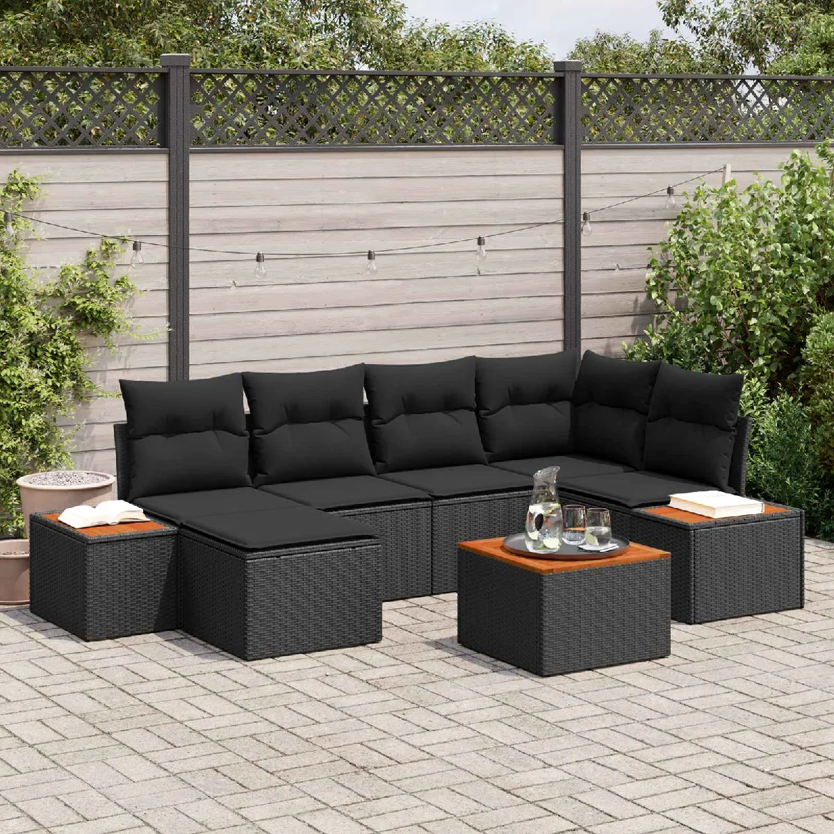Vidaxl Noir Ensemble De Canapé De Jardin Avec Coussin 7 Pcs Polyrotin