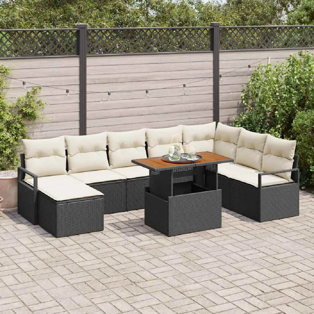 vidaXL Ensemble de canapé de jardin avec coussin 9 pcs Noir et Crème