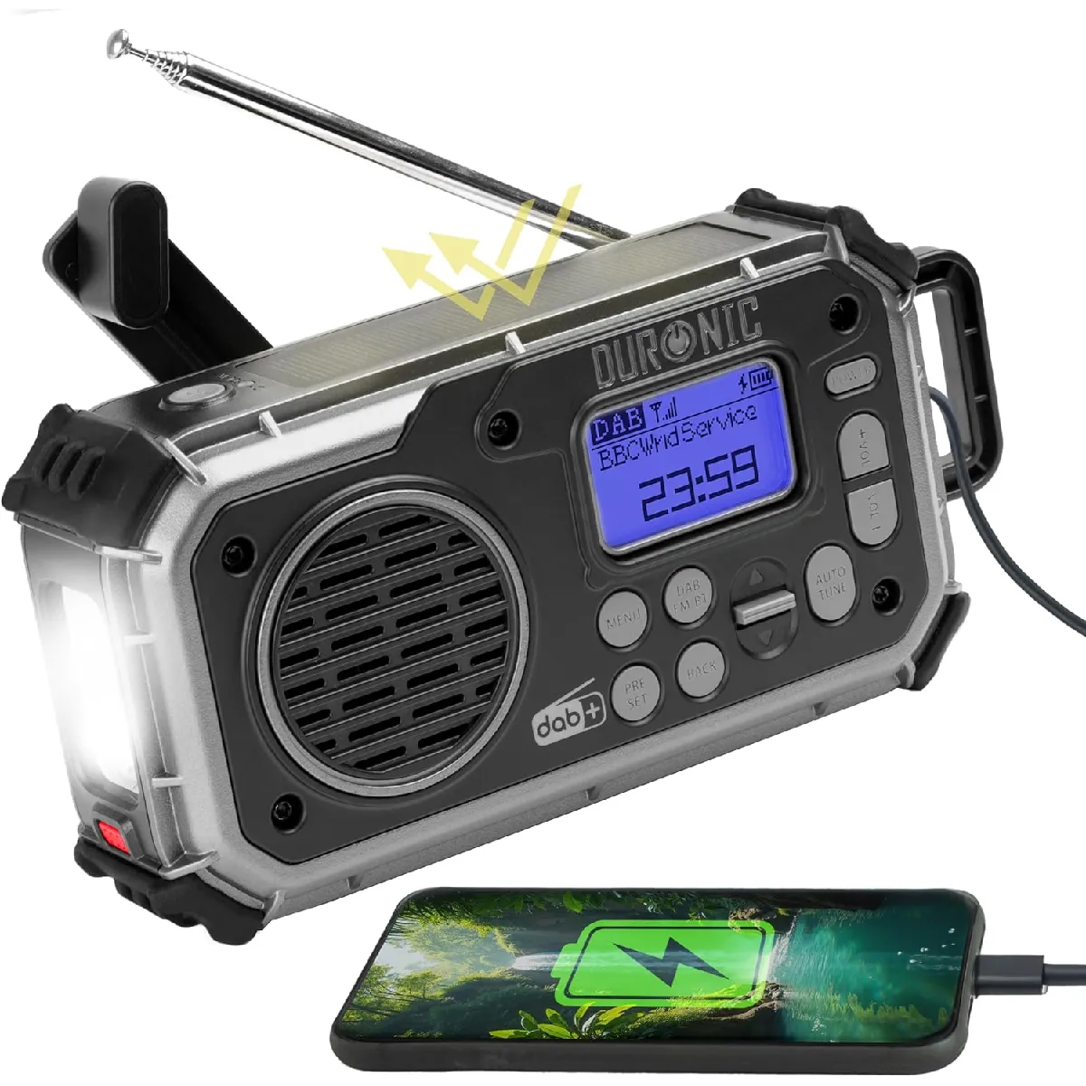 SDAB1 Radio Portable Dab+ avec Batterie ou 3 Piles AAA Recharge Solaire Manivelle Dynamo Radio Numérique Lampe Torche Alarme SOS Camping Randonnée Extérieur Urgences
