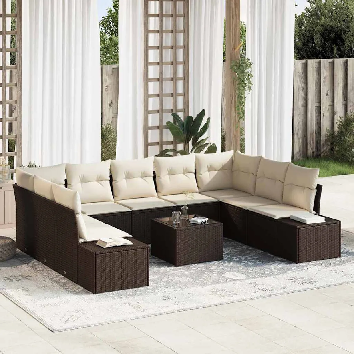 vidaXL Ensemble de canapé de jardin 9 pcs et Crème polyrotin - vue 3