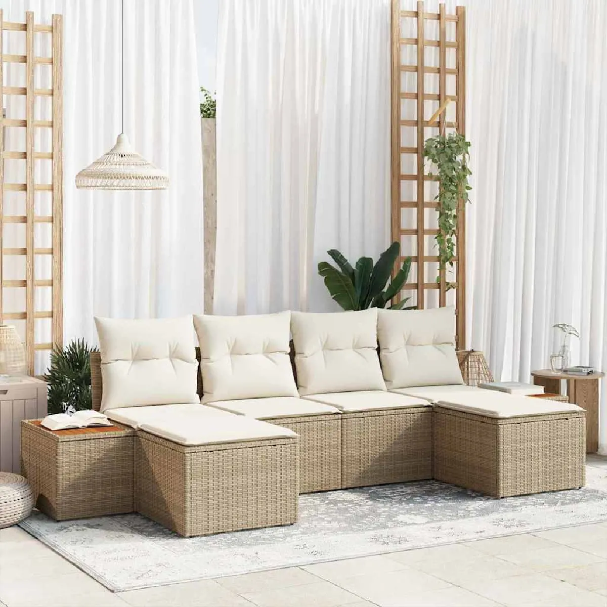 vidaXL Ensemble de canapé de jardin 6 pcs et crème Poly Rattan - vue 4