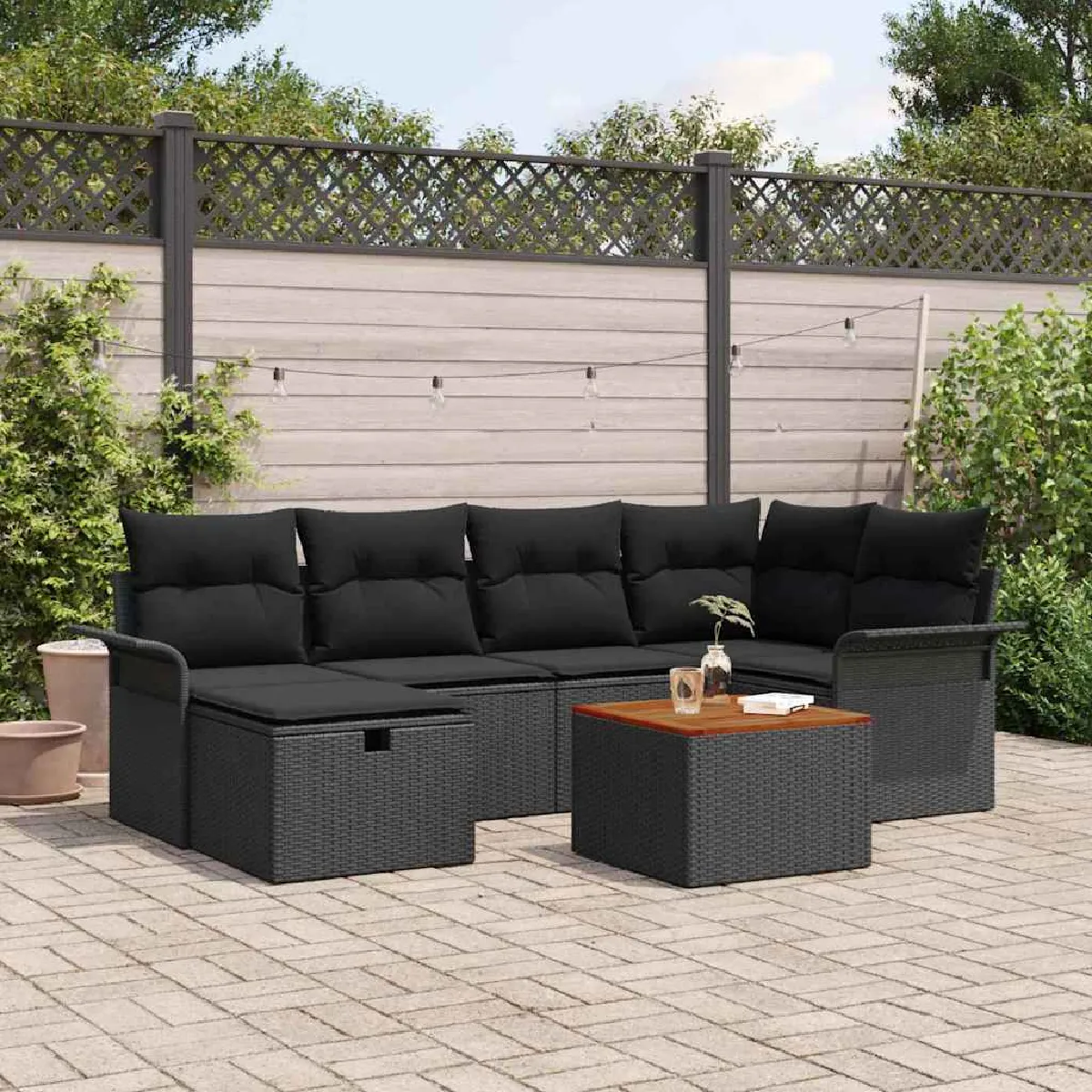 Non Communiqué Noir Vidaxl Ensemble Canapé De Jardin 7 Pièces Avec Coussins En Poly Rattan 3360789 - Image 3