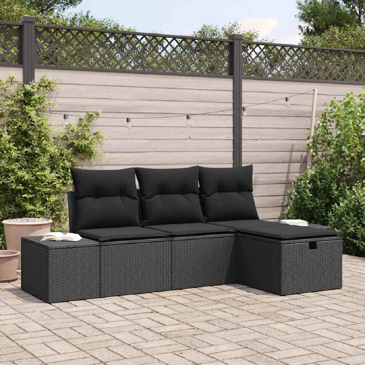 vidaXL Ensemble de canapé de jardin avec coussin 4 pcs Noir Poly rotin