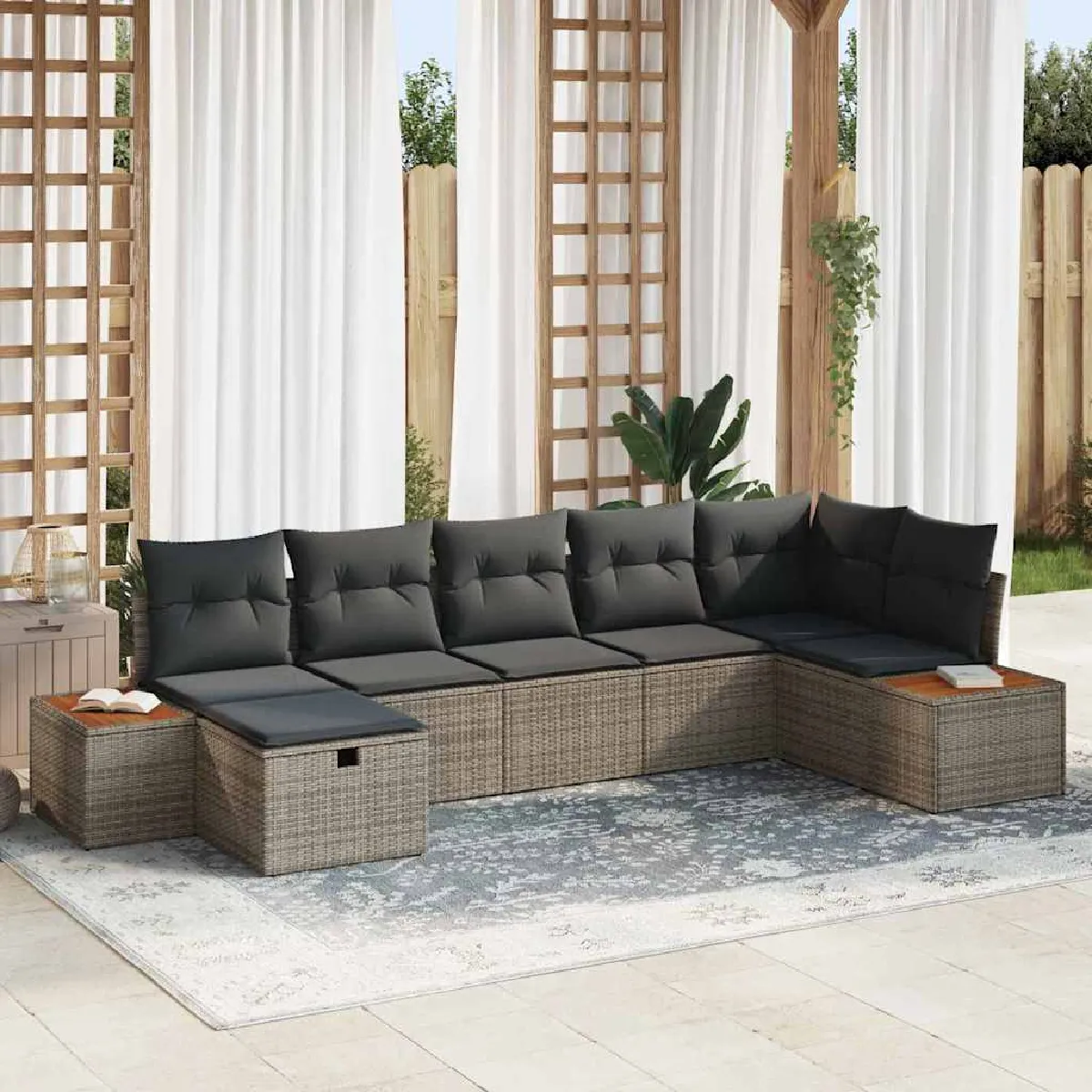 Vidaxl Gris Ensemble De Canapé De Jardin Avec Coussin 7 Pcs Polyrotin