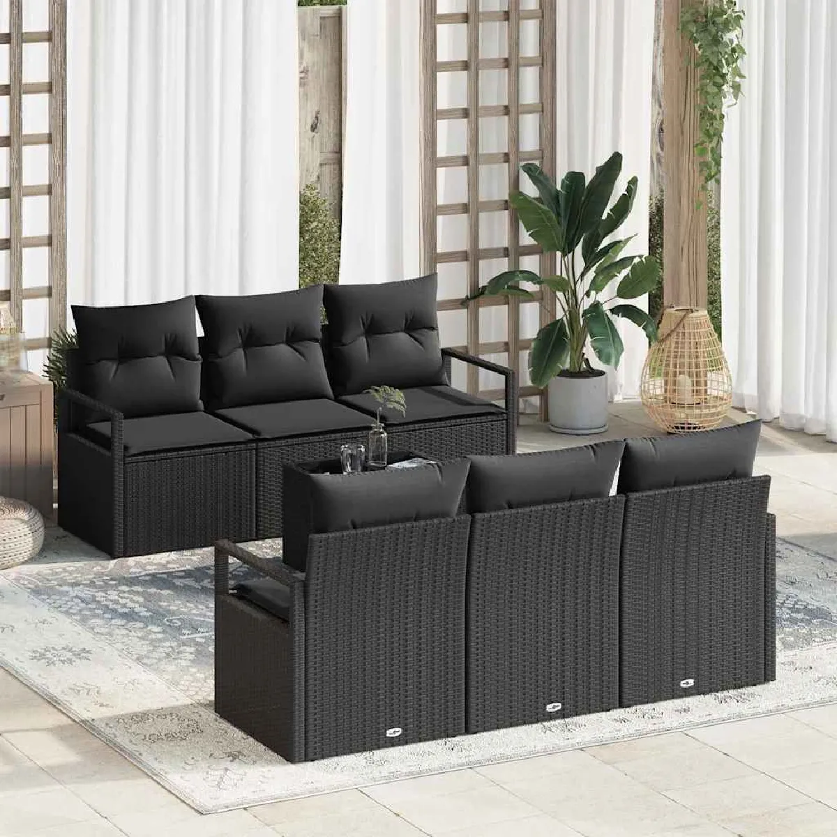 Vidaxl Noir Ensemble De Canapé De Jardin Avec Coussin 7 Pcs Polyrotin