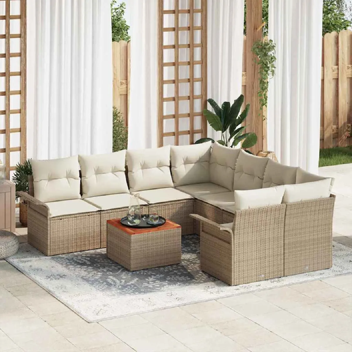 vidaXL Ensemble de canapé de jardin 9 pcs et Crème polyrotin - vue 2
