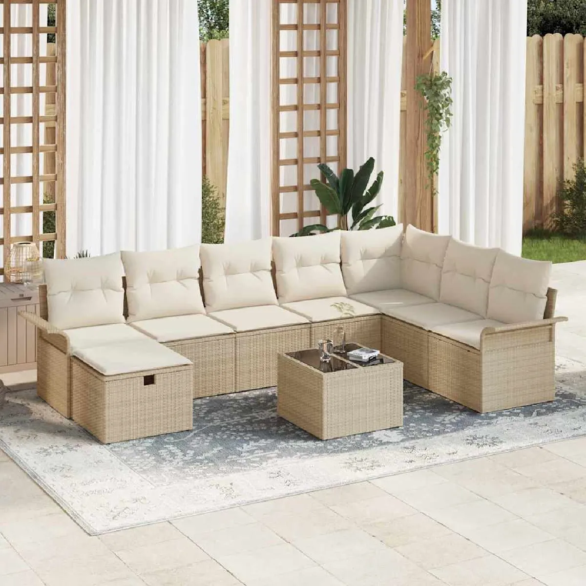 vidaXL Ensemble de canapé de jardin 9 pcs et Crème polyrotin - vue 5