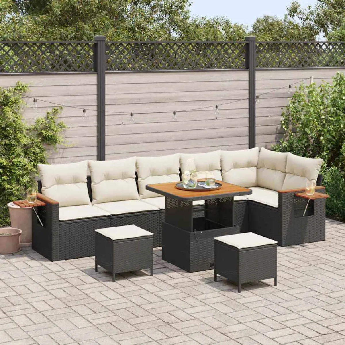 vidaXL Ensemble de canapé de jardin avec coussin 9 pcs Noir et Crème