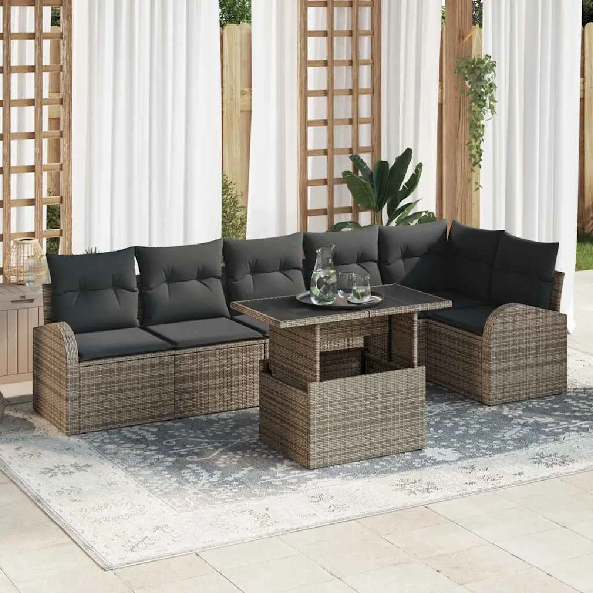 Vidaxl Gris Ensemble De Canapé De Jardin Avec Coussin 7 Pcs Poly Rotin