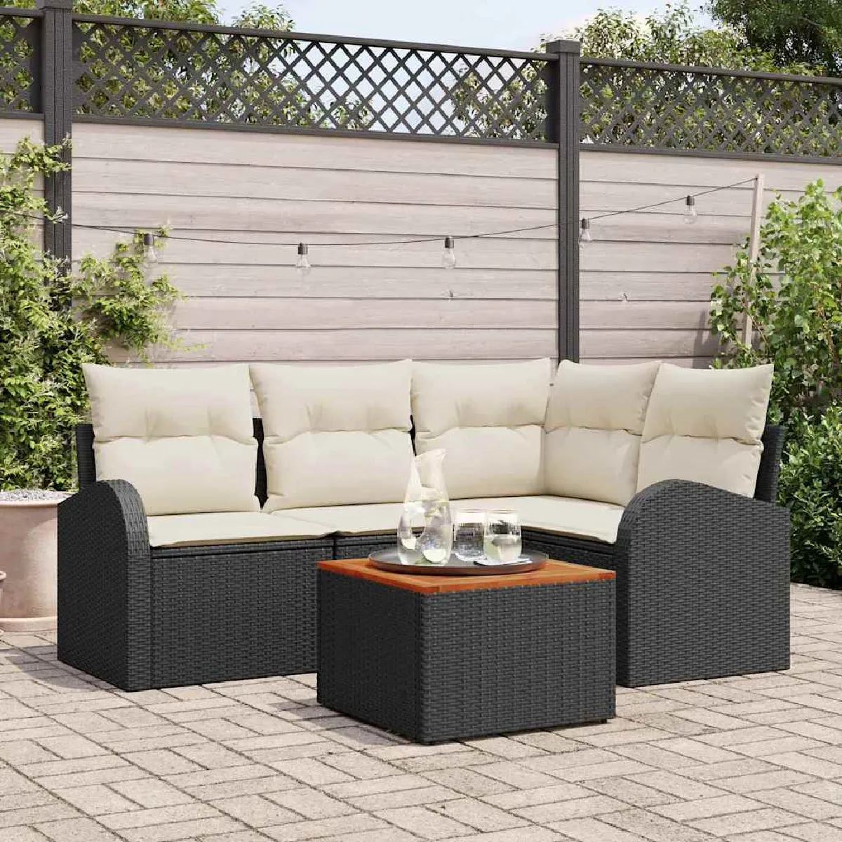vidaXL Ensemble de canapé de jardin 5 pcs Noir et Crème polyrotin