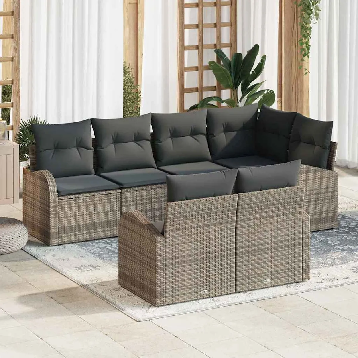 Vidaxl Gris Ensemble De Canapé De Jardin Avec Coussin 7 Pcs Polyrotin