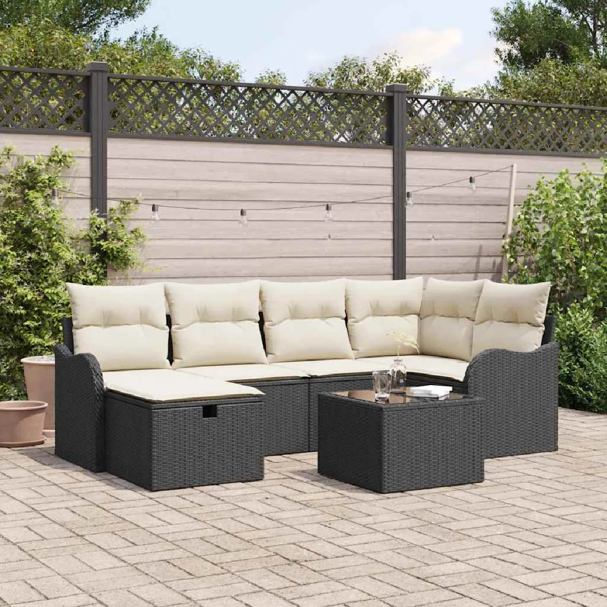 vidaXL Ensemble de canapé de jardin 7 pcs et crème Poly rotin - vue 2