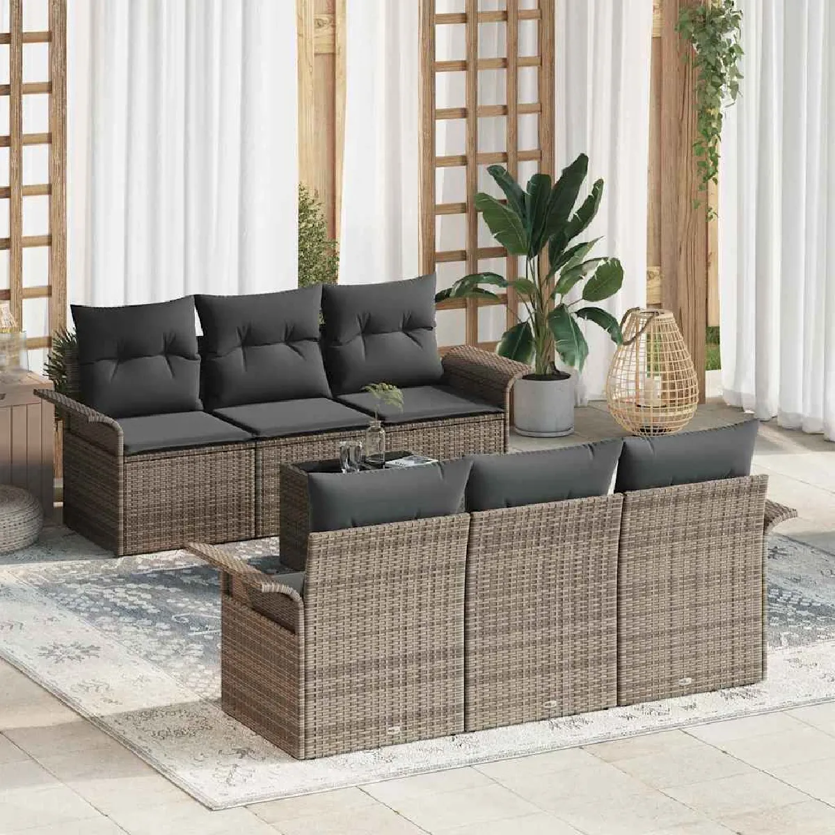 Vidaxl Gris Ensemble De Canapé De Jardin Avec Coussin 7 Pcs Polyrotin