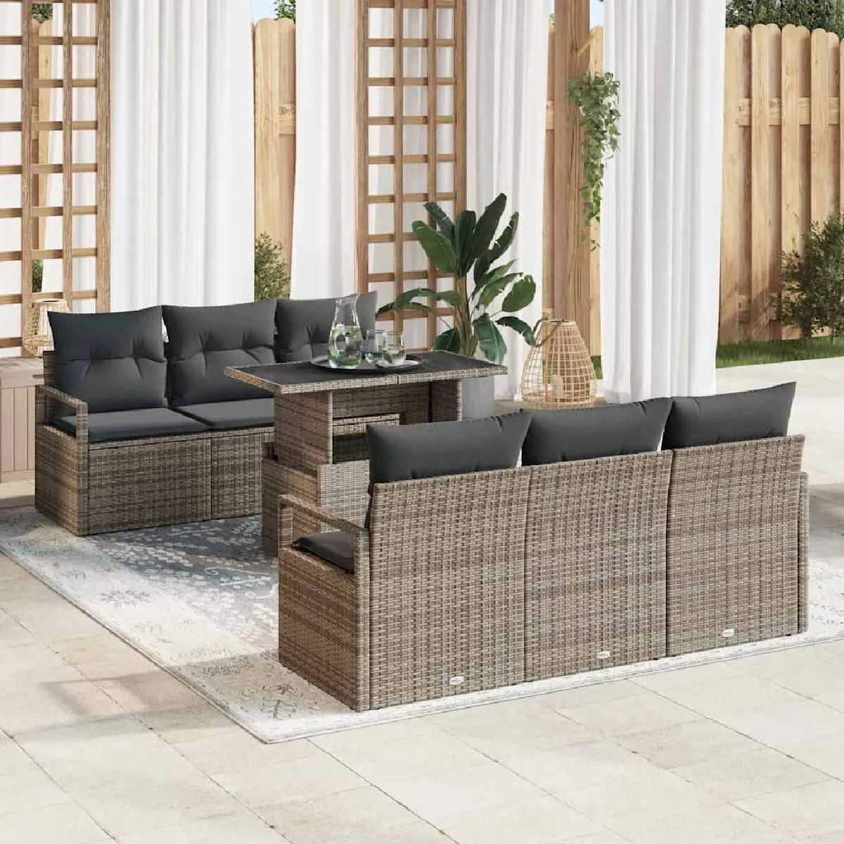 Vidaxl Gris Ensemble De Canapé De Jardin Avec Coussin 7 Pcs Poly Rotin