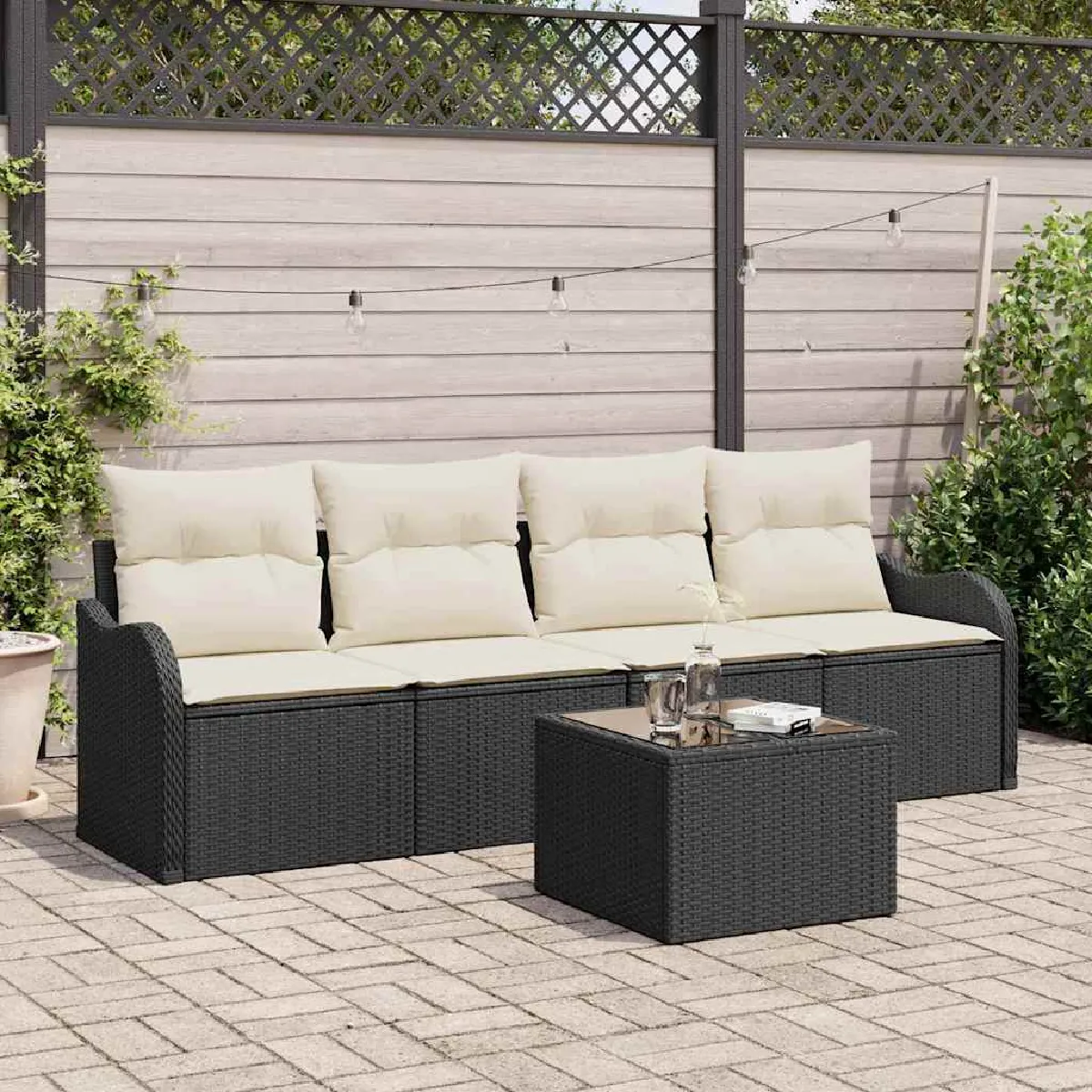 vidaXL Ensemble de canapé de jardin 5 pcs Noir et Crème polyrotin