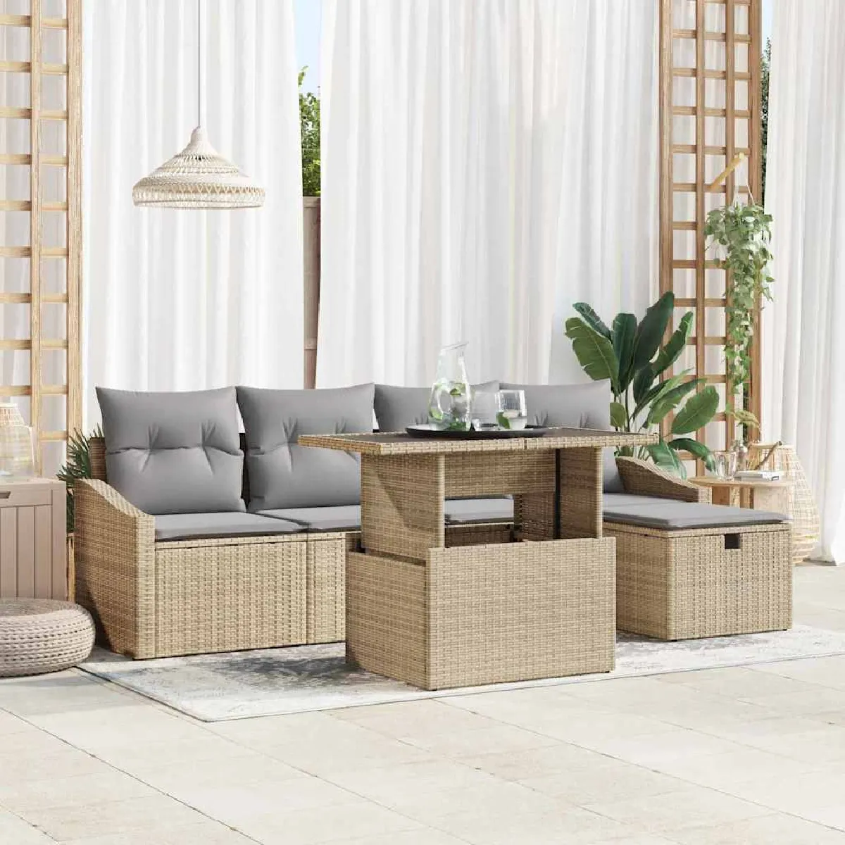 Non Communiqué Beige Ensemble De Canapé De Jardin 6 Pièces Avec Coussins Rattan Synthétique - Image 3