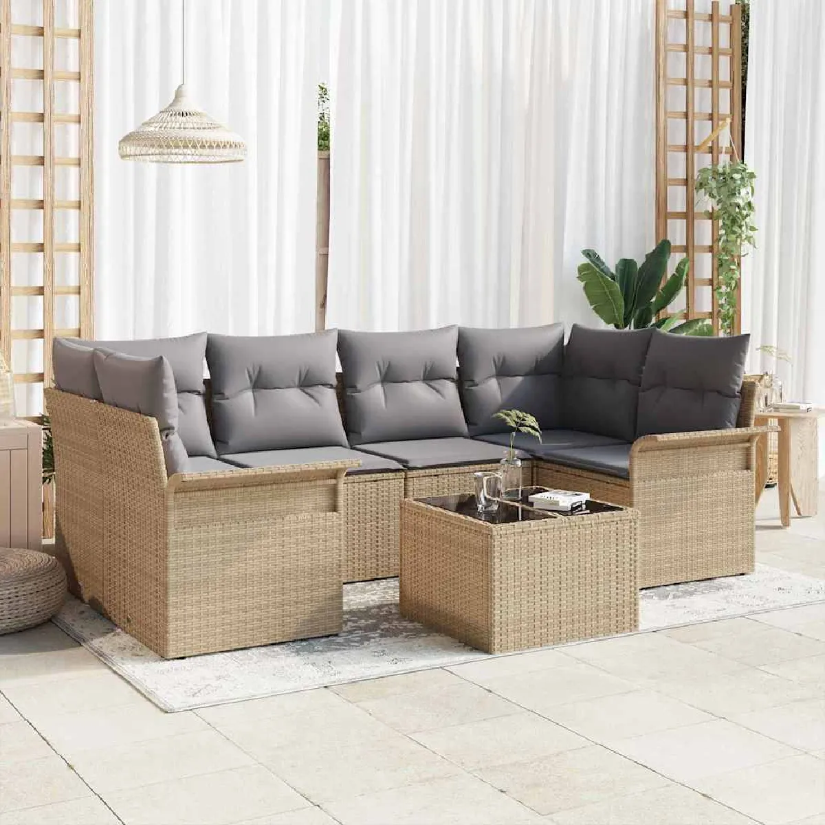 Non Communiqué Beige Ensemble De Canapé De Jardin 7 Pièces Avec Coussins Poly Rattan - Image 3