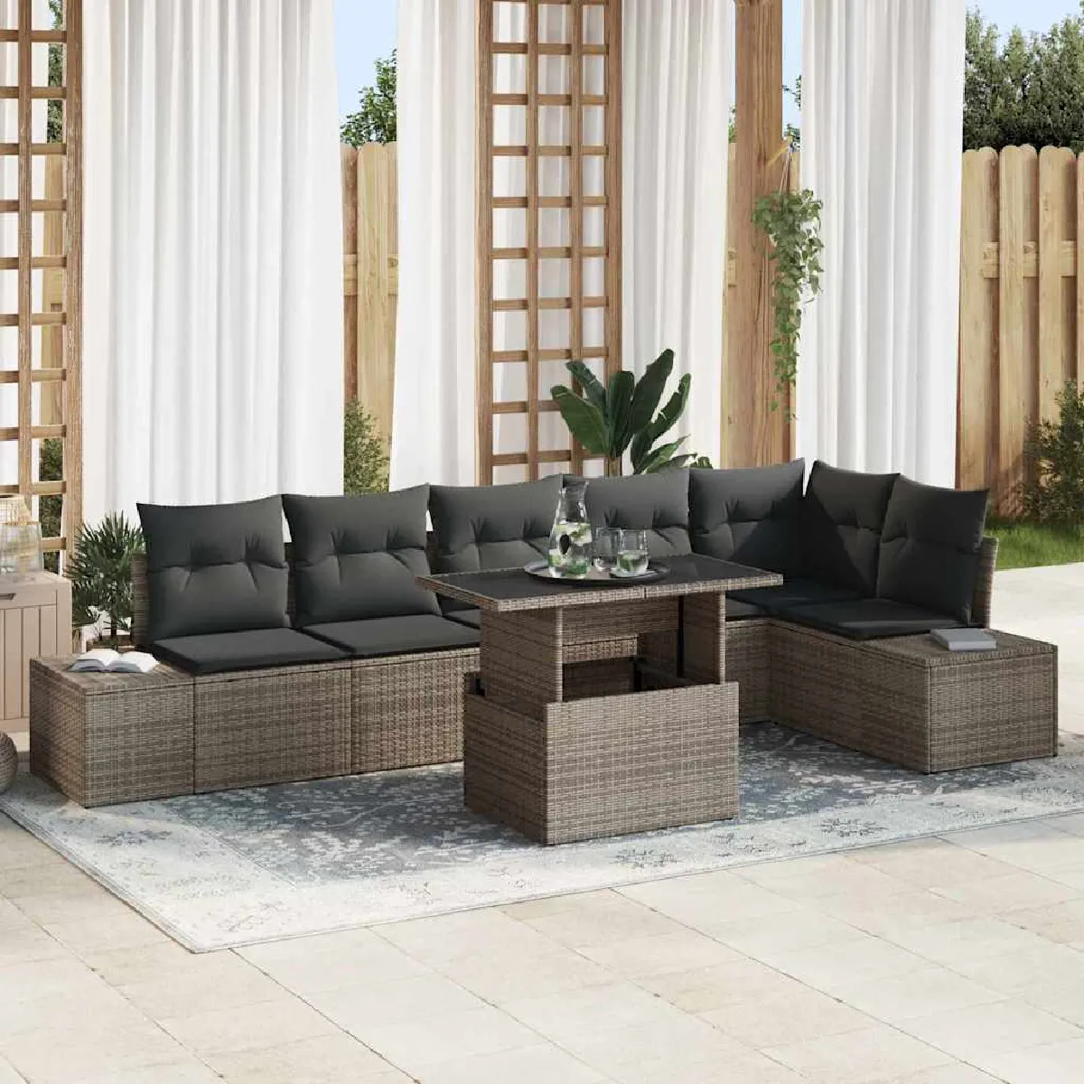 Vidaxl Gris Ensemble De Canapé De Jardin Avec Coussin 7 Pcs Polyrotin