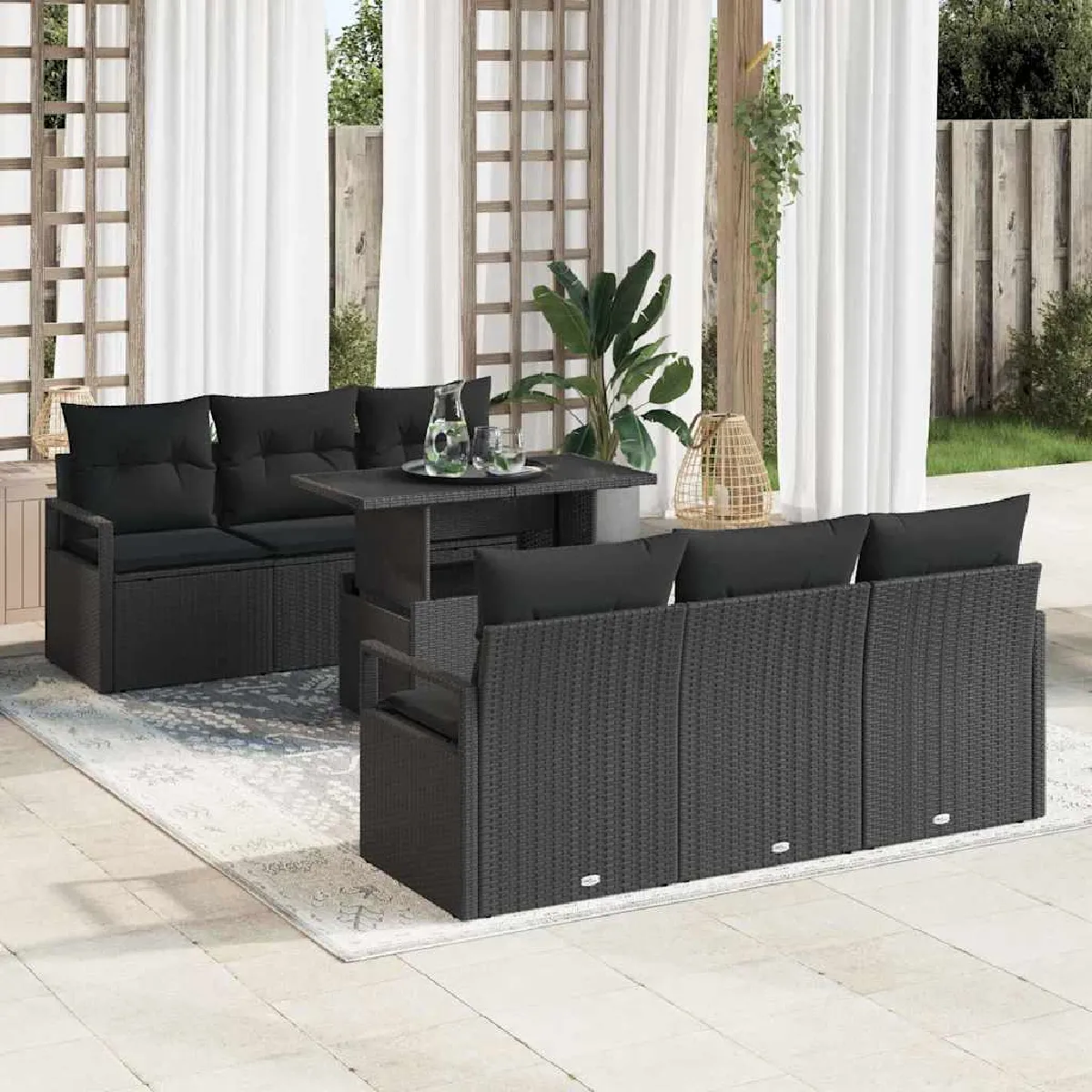 Non Communiqué Noir Ensemble De Canapés De Jardin De 7 Pièces Avec Coussins Poly Rattan, Canapé De Jardin 2 Places Avec Coussins Poly Rat - Image 3