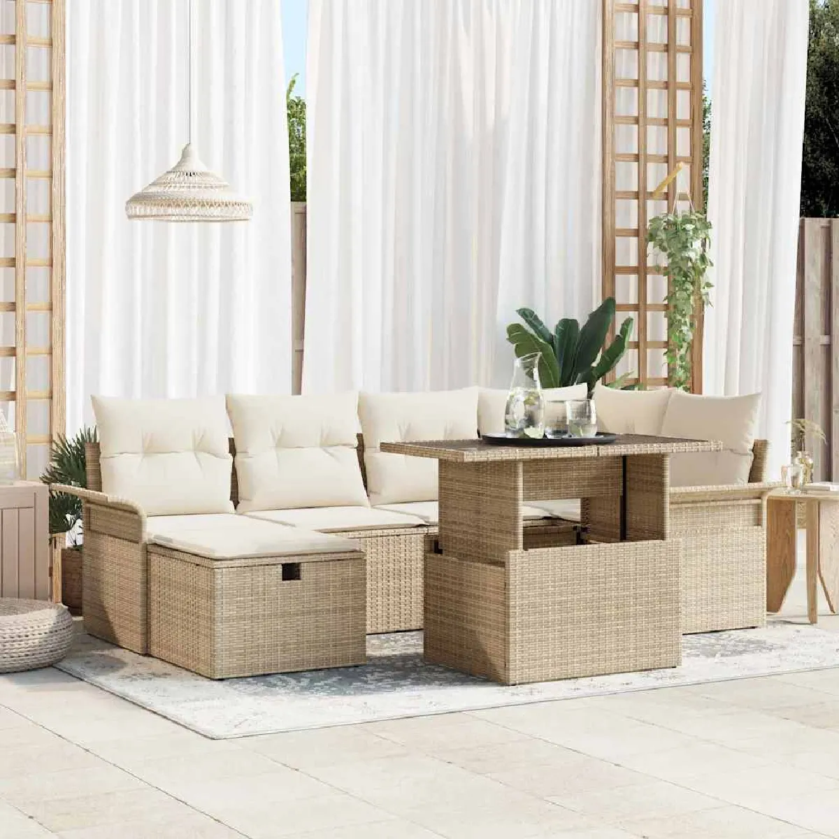 Vidaxl Beige Ensemble De Canapé De Jardin Avec Coussin 7 Pcs Polyrotin