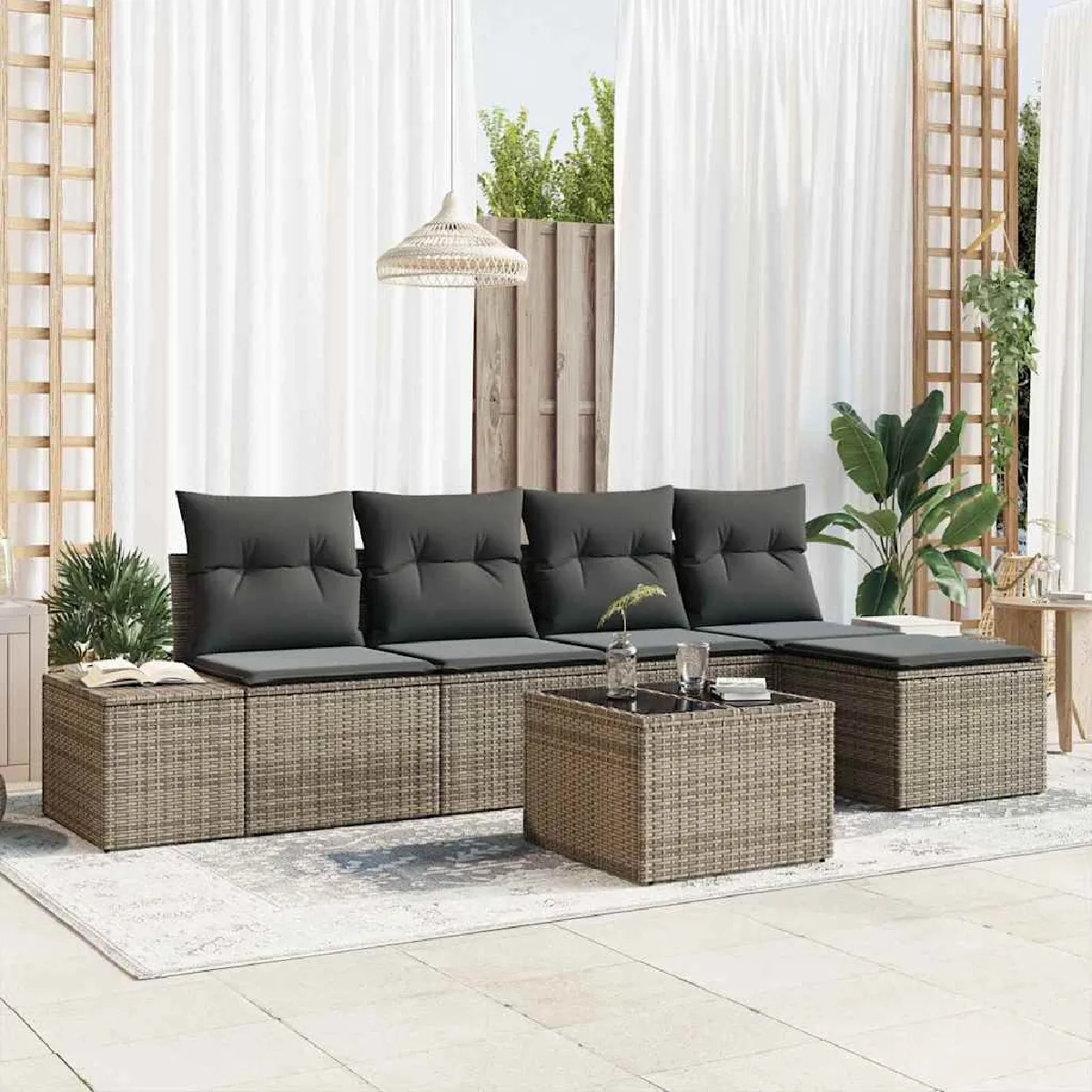 Non Communiqué Gris Ensemble Canapés 5 Pièces Avec Coussins Poly Rattan - Image 3