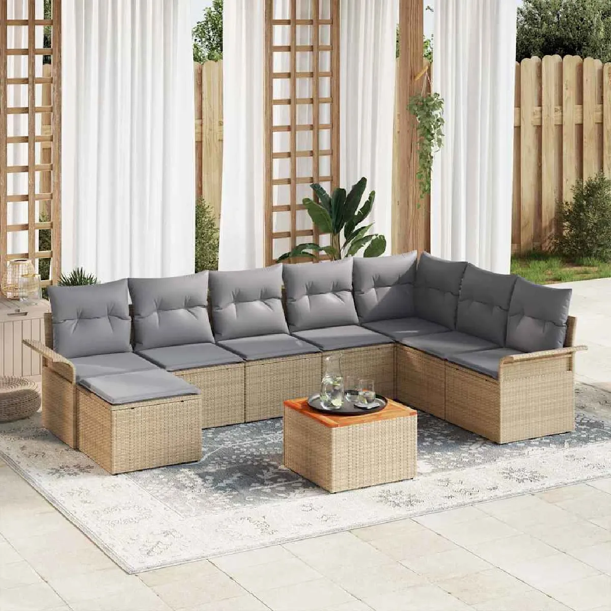 Vidaxl Beige Salon De Jardin Bois 9 Pieces 8 Personnes - Image 3