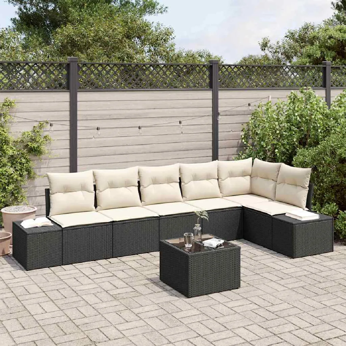 vidaXL Ensemble de canapé de jardin 7 pcs Noir et Crème polyrotin