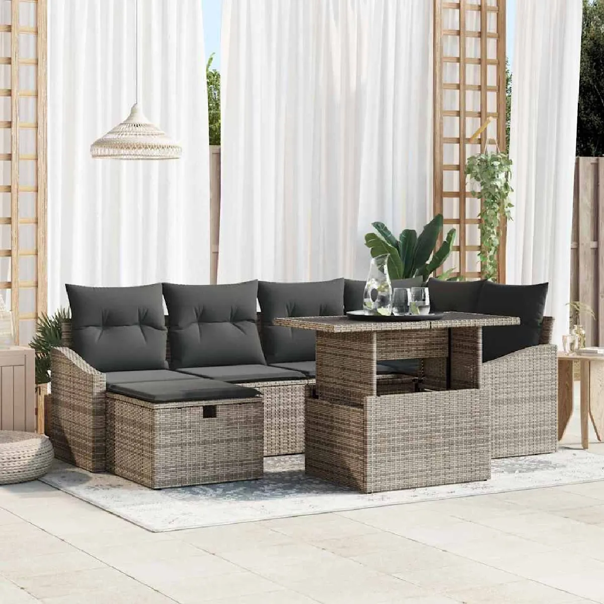 Vidaxl Gris Ensemble De Canapé De Jardin Avec Coussin 7 Pcs Polyrotin