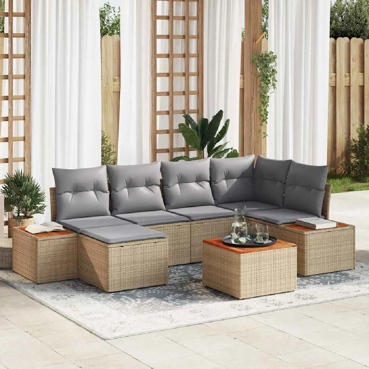 Vidaxl Beige Ensemble De Canapé De Jardin Avec Coussin 7 Pcs Polyrotin