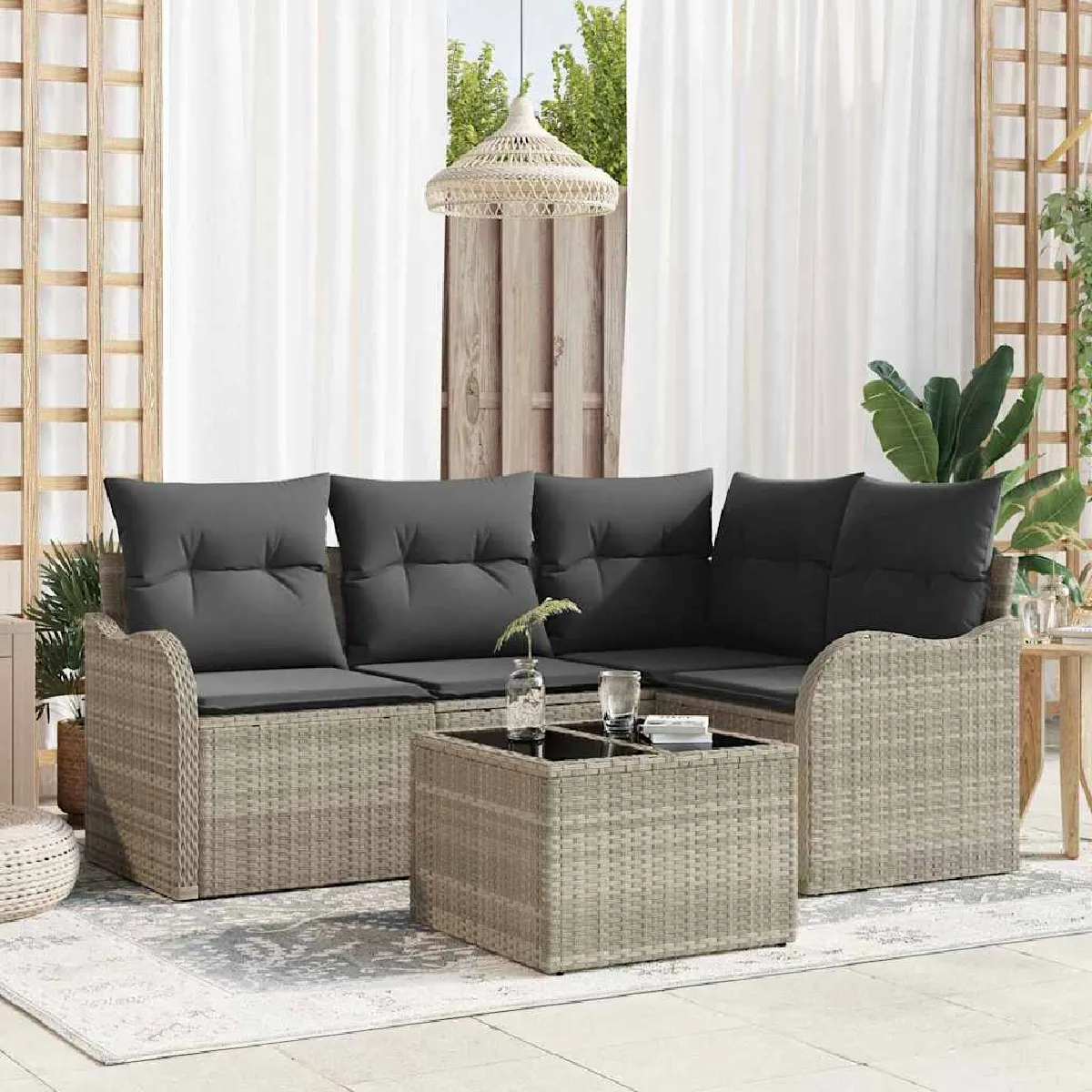 vidaXL Canapé de Jardin de 5 pièces avec Coussins Poly Rattan - vue 9
