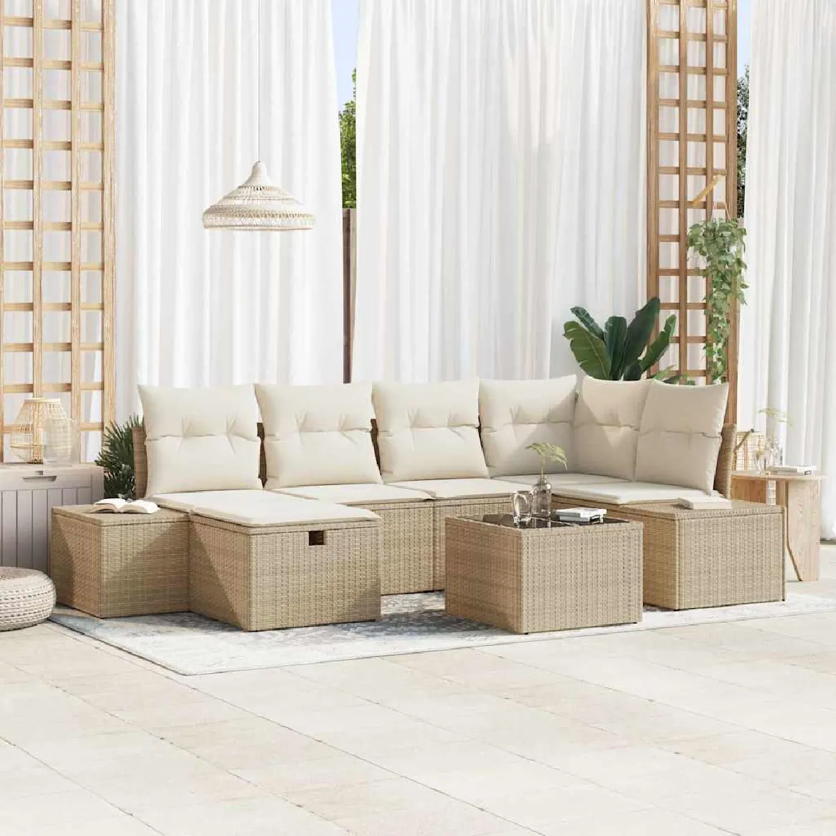 Vidaxl Beige Ensemble De Canapé De Jardin Avec Coussin 7 Pcs Polyrotin