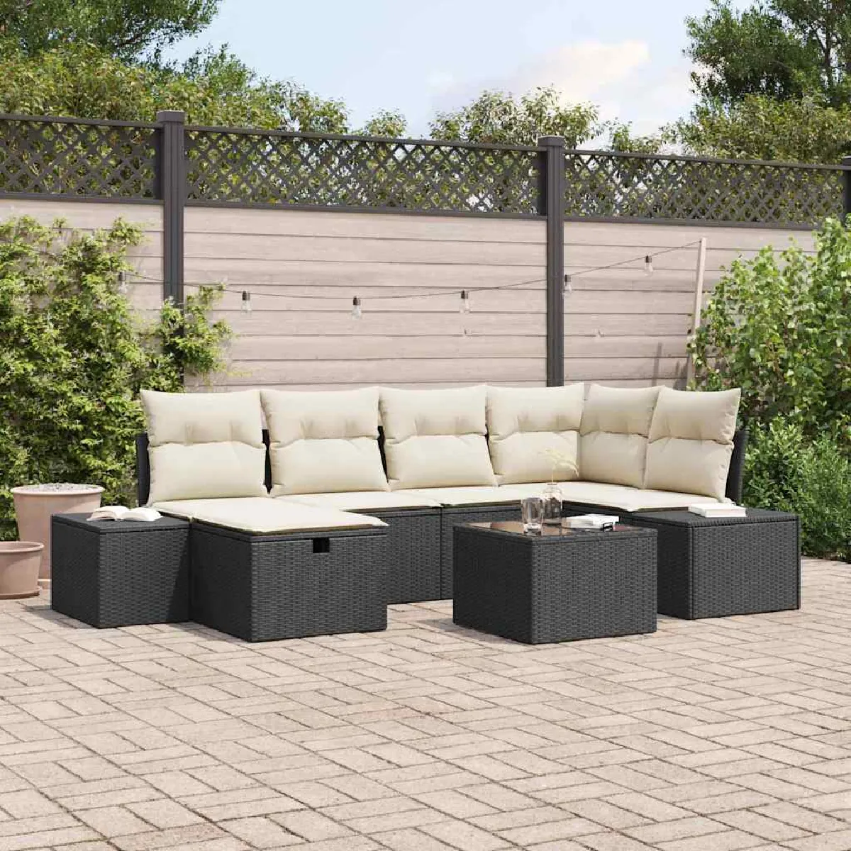 Non Communiqué Noir Canapé De Jardin 7 Pièces Avec Coussins Poly Rotin - Image 3