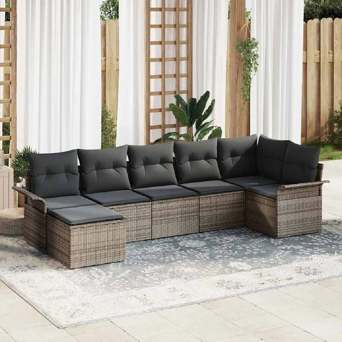 Vidaxl Gris Ensemble De Canapé De Jardin Avec Coussin 7 Pcs Poly Rotin