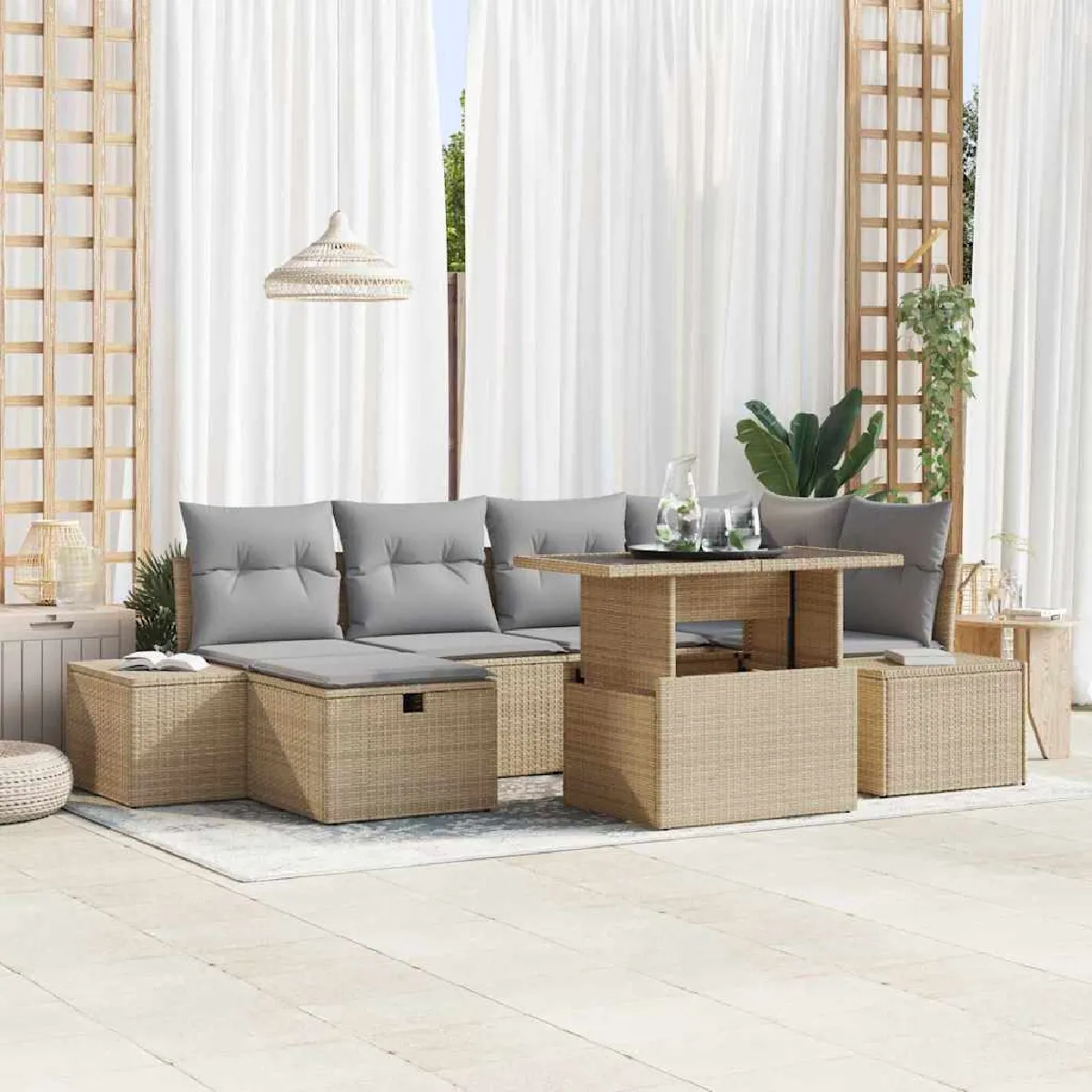 Vidaxl Beige Ensemble De Canapé De Jardin 7 Pcs Poly Rotin