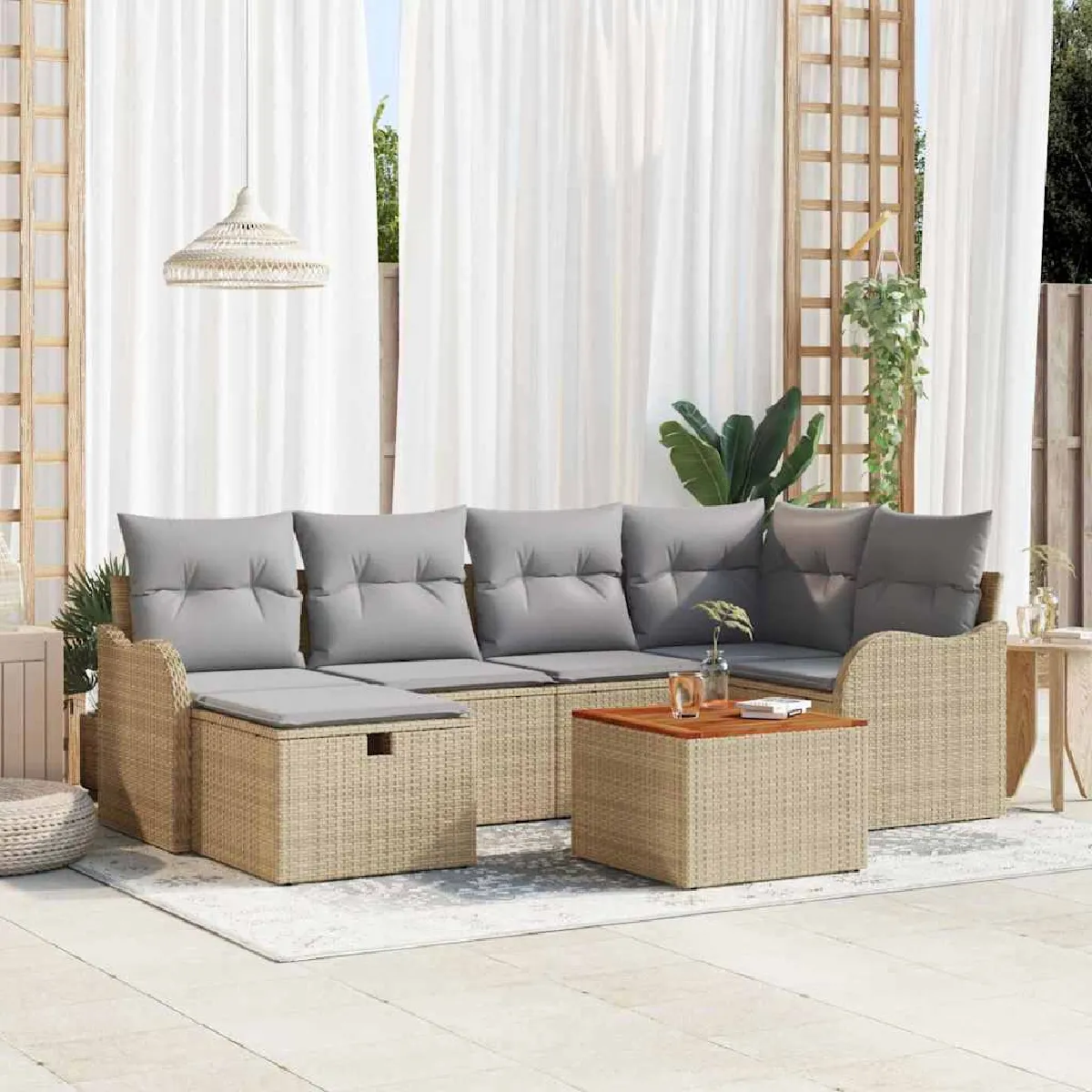 Vidaxl Beige Ensemble De Canapé De Jardin 7 Pcs Poly Rotin