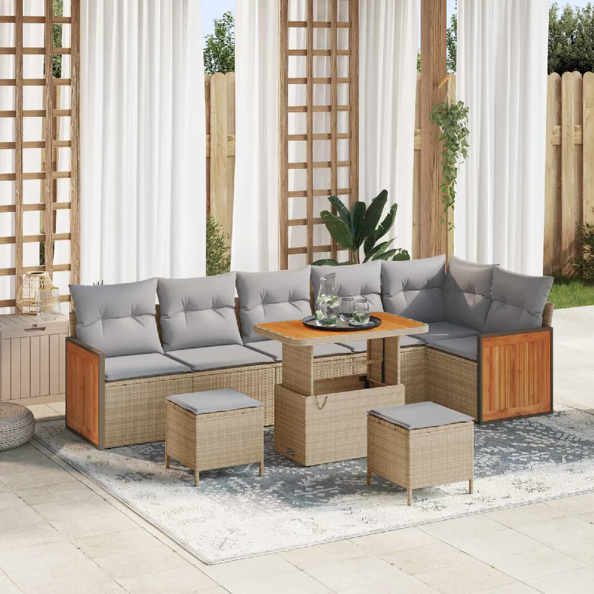 Set de canapé de jardin 9 pièces avec coussins rotin acacia Set de salle à manger de jardin 3 pièces avec coussins 3363197 - vue 2