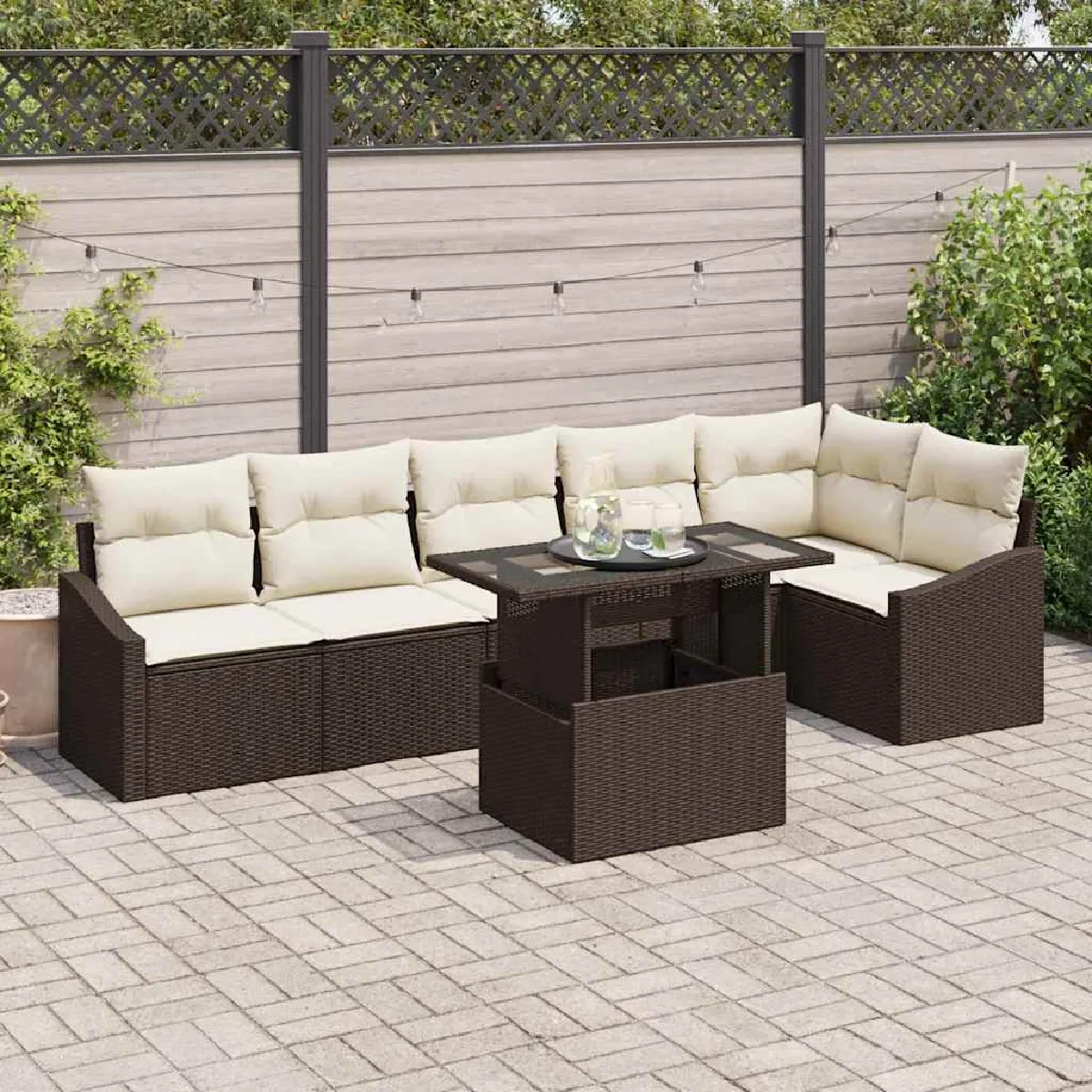 vidaXL Ensemble de canapé de jardin 7 pcs Marron et Crème polyrotin