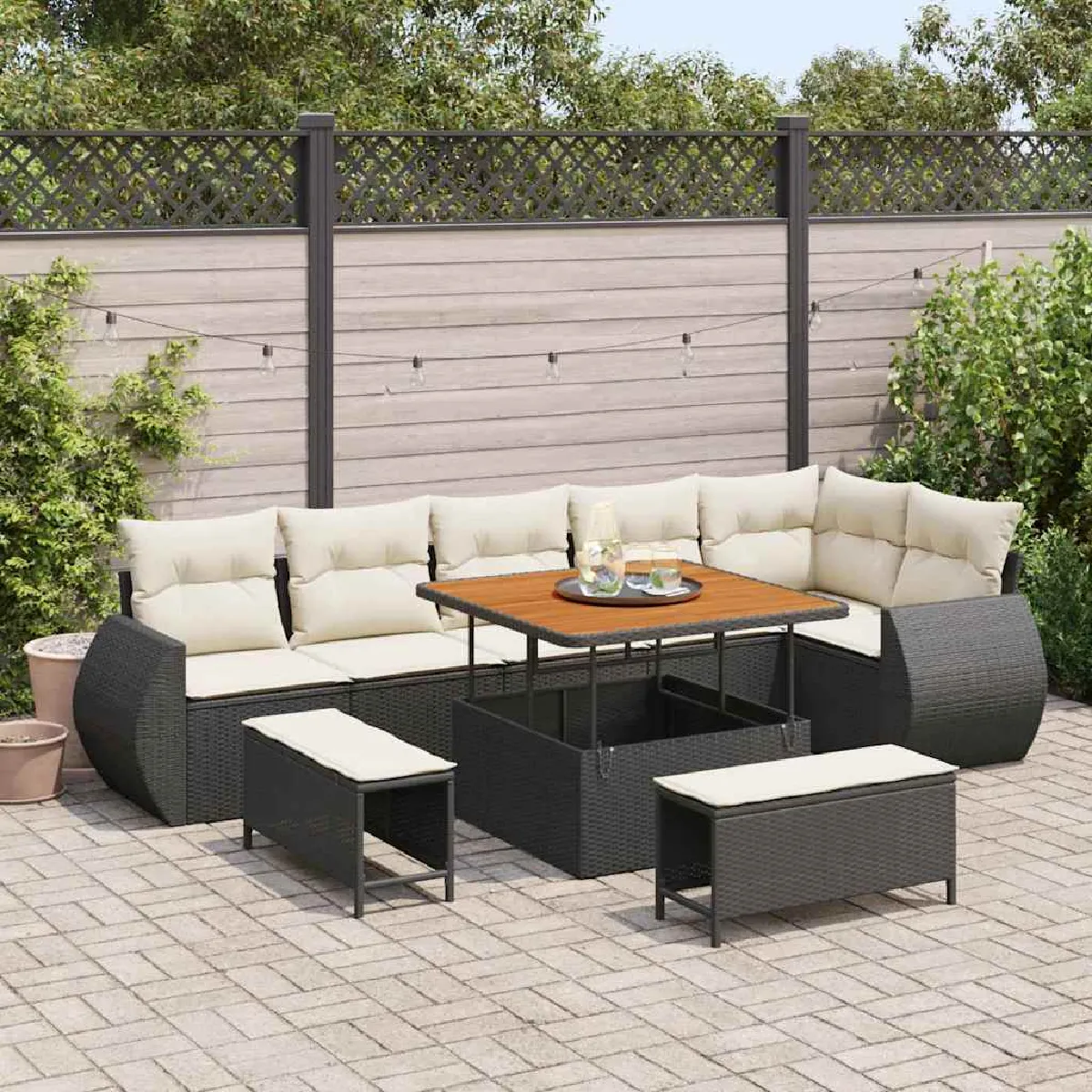 vidaXL Ensemble de canapé de jardin 9 pcs et Crème Poly Rattan - vue 4