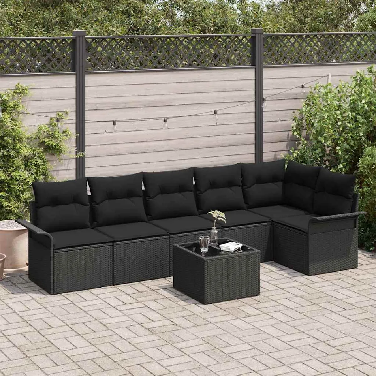 vidaXL Ensemble de canapé de jardin avec coussin 7 pcs Noir polyrotin
