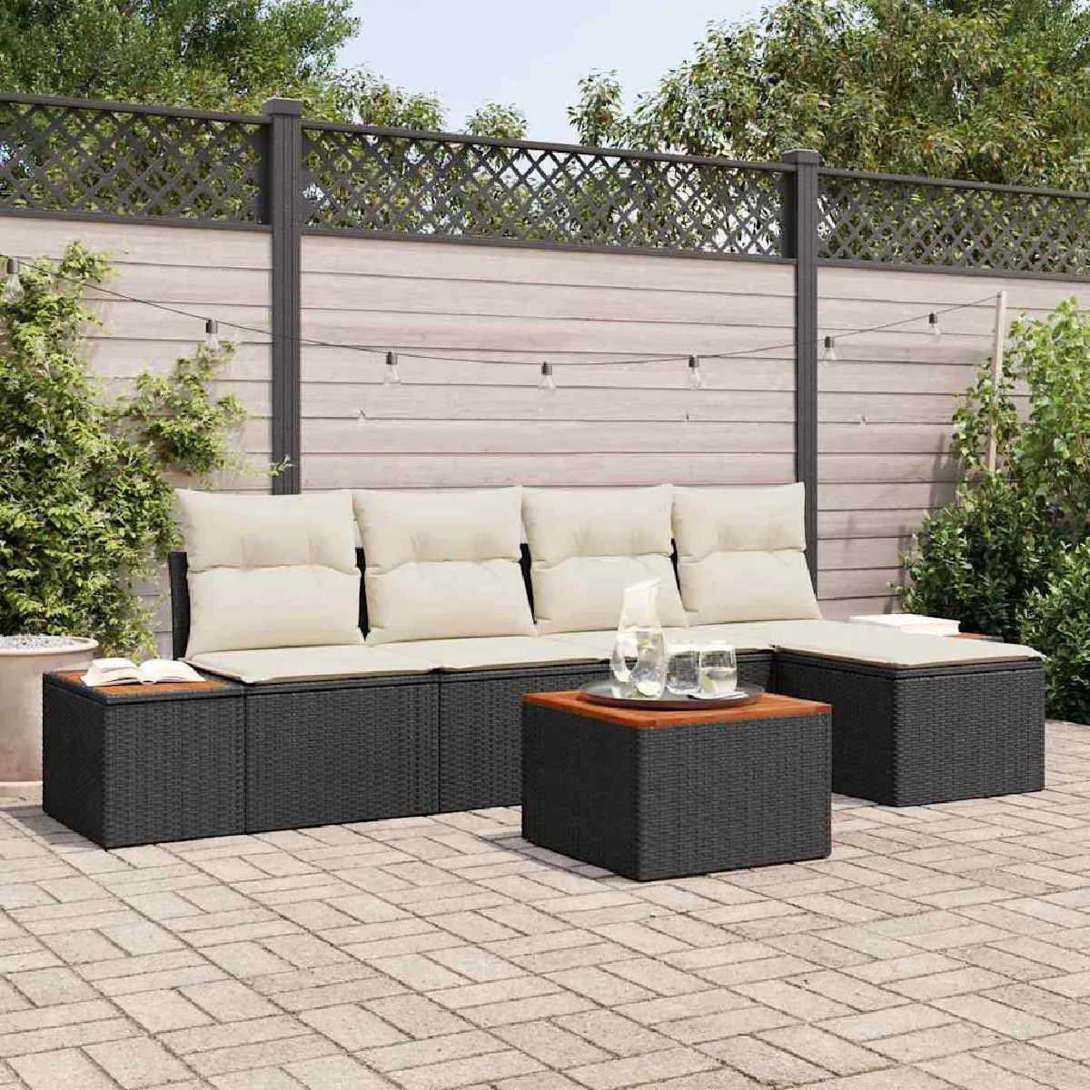 Vidaxl Noir Ensemble De Canapé De Jardin 6 Pièces Avec Coussins Poly Rotin Acacia - Image 3