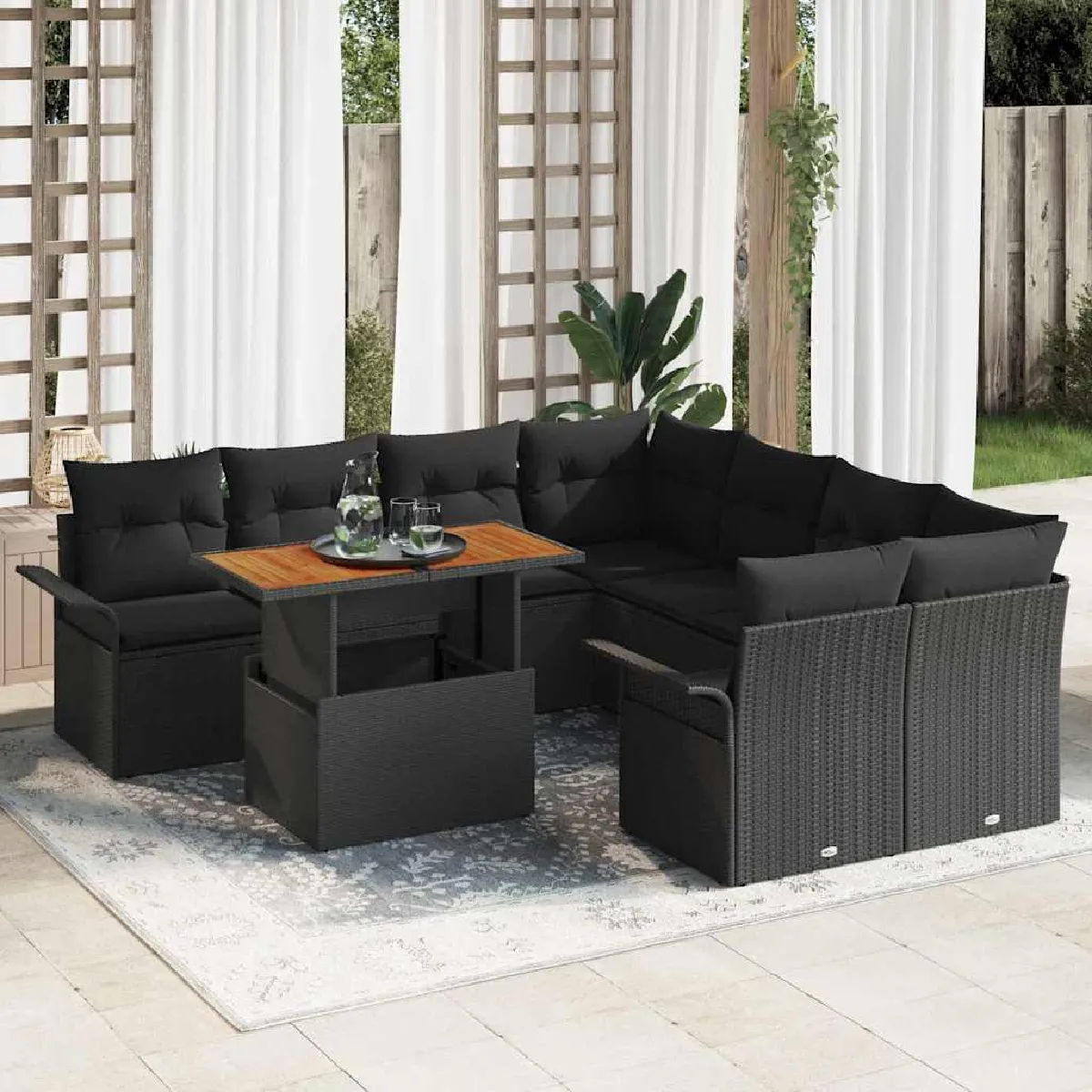 Vidaxl Noir Ensemble De 9 Pièces De Canapés De Jardin Avec Coussins Poly Rattan, Canapé De Jardin 2 Places Avec Rangement & 3358053 - Image 3