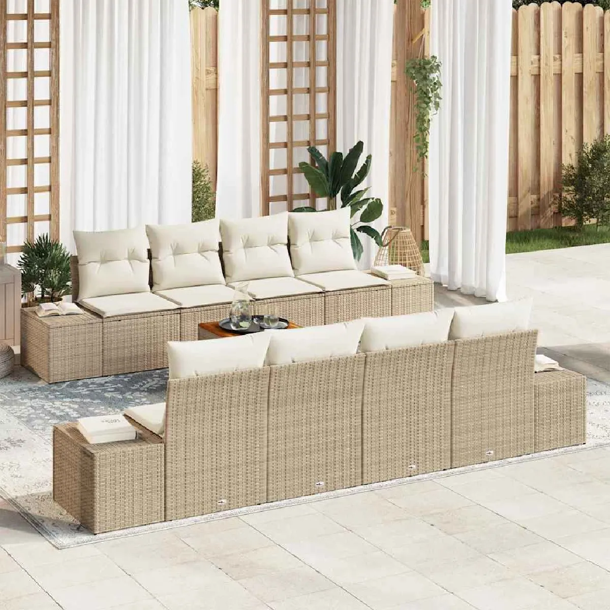 vidaXL Ensemble de canapé de jardin 9 pcs et crème polyrotin - vue 10