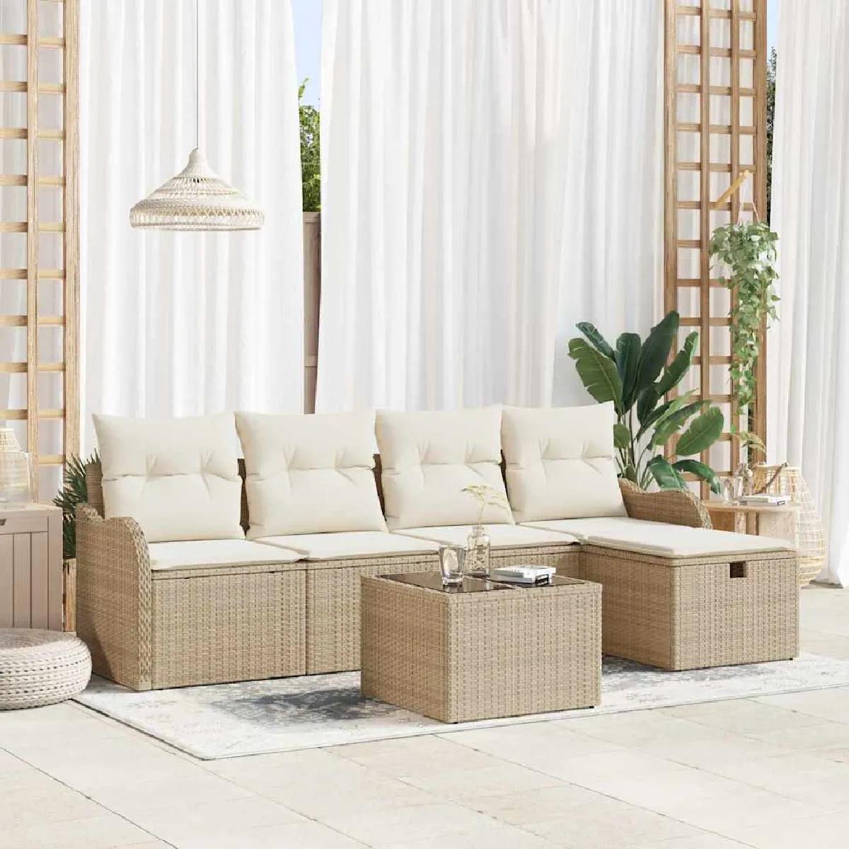 Vidaxl Beige Ensemble De Canapé De Jardin 6 Pcs Et Crème Polyrotin