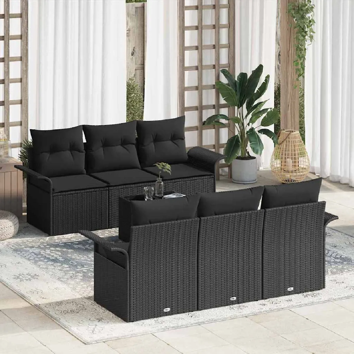 Vidaxl Noir Ensemble De Canapé De Jardin Avec Coussin 7 Pcs Polyrotin