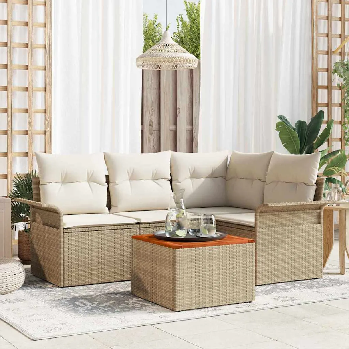 vidaXL Ensemble de canapé de jardin avec coussin 5 pcs et crème - vue 2