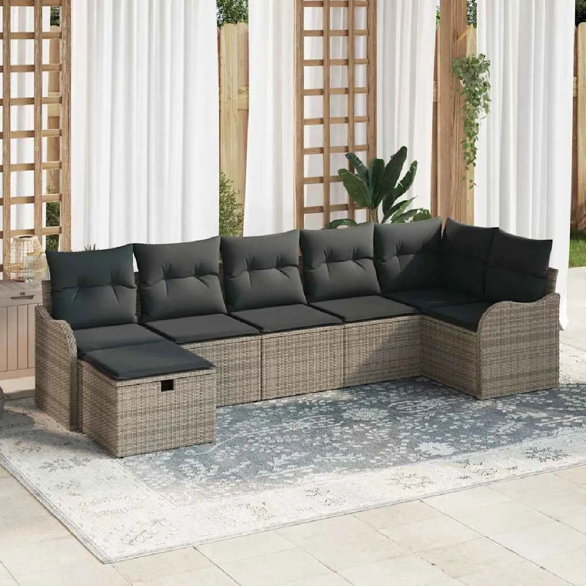 Vidaxl Gris Ensemble De Canapé De Jardin Avec Coussin 7 Pcs Poly Rotin